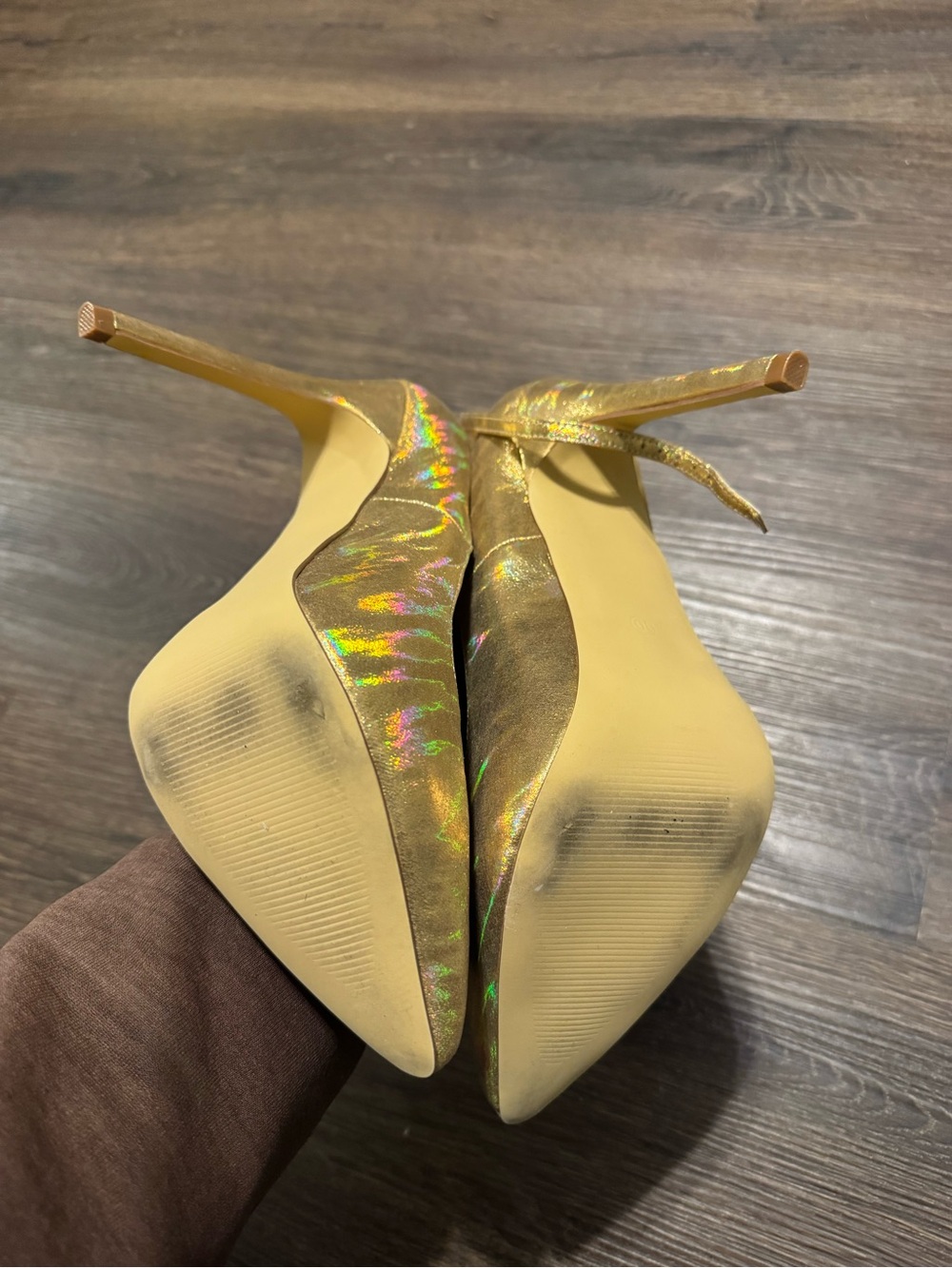 Holographic Gold Pointed-Toe Ankle-Strap Stilettos - Picture 5 of 7